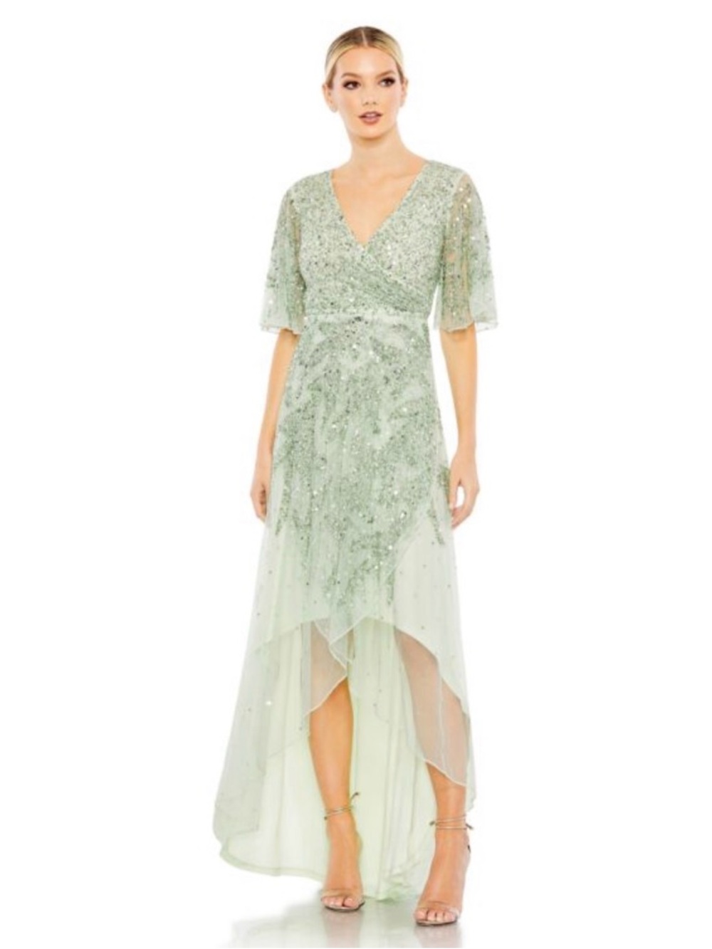 Mac Duggal Sequin V Neck High Low Dress